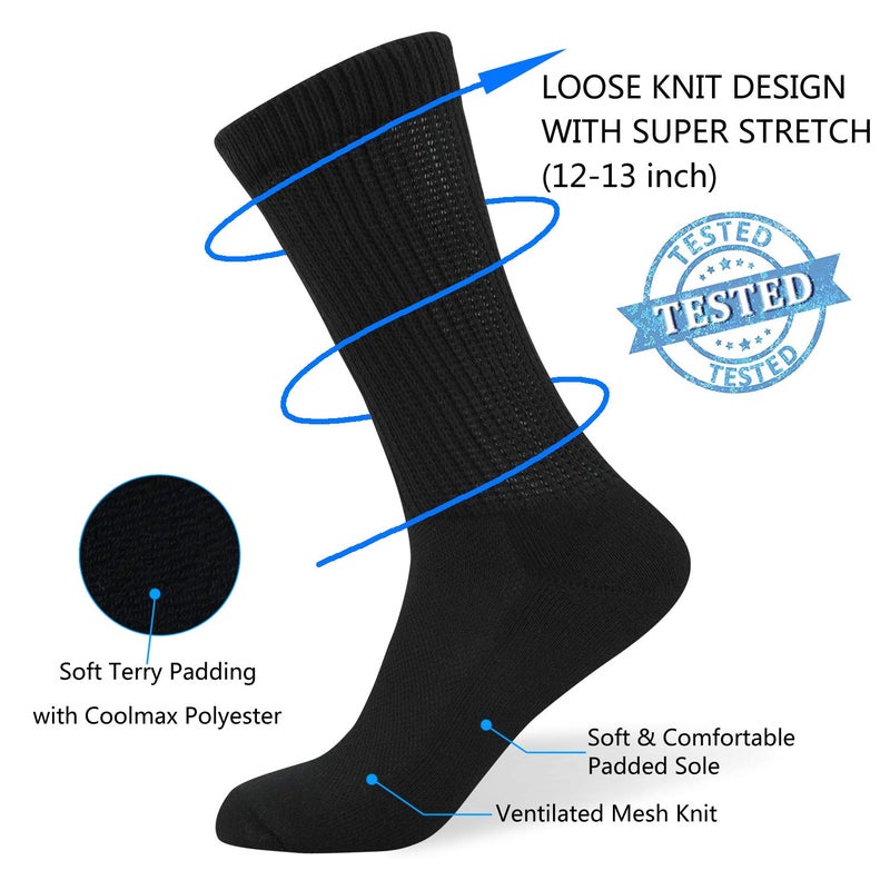 W WELL KNITTING Well Knitting Diabetic Socks for Men & Women, Coolmax Medical Circulation Crew Mid Calf Socks with Seamless Toe, Non-Binding Top, and Padded Sole, 4 Pairs (Blcak,XL) - Image 2